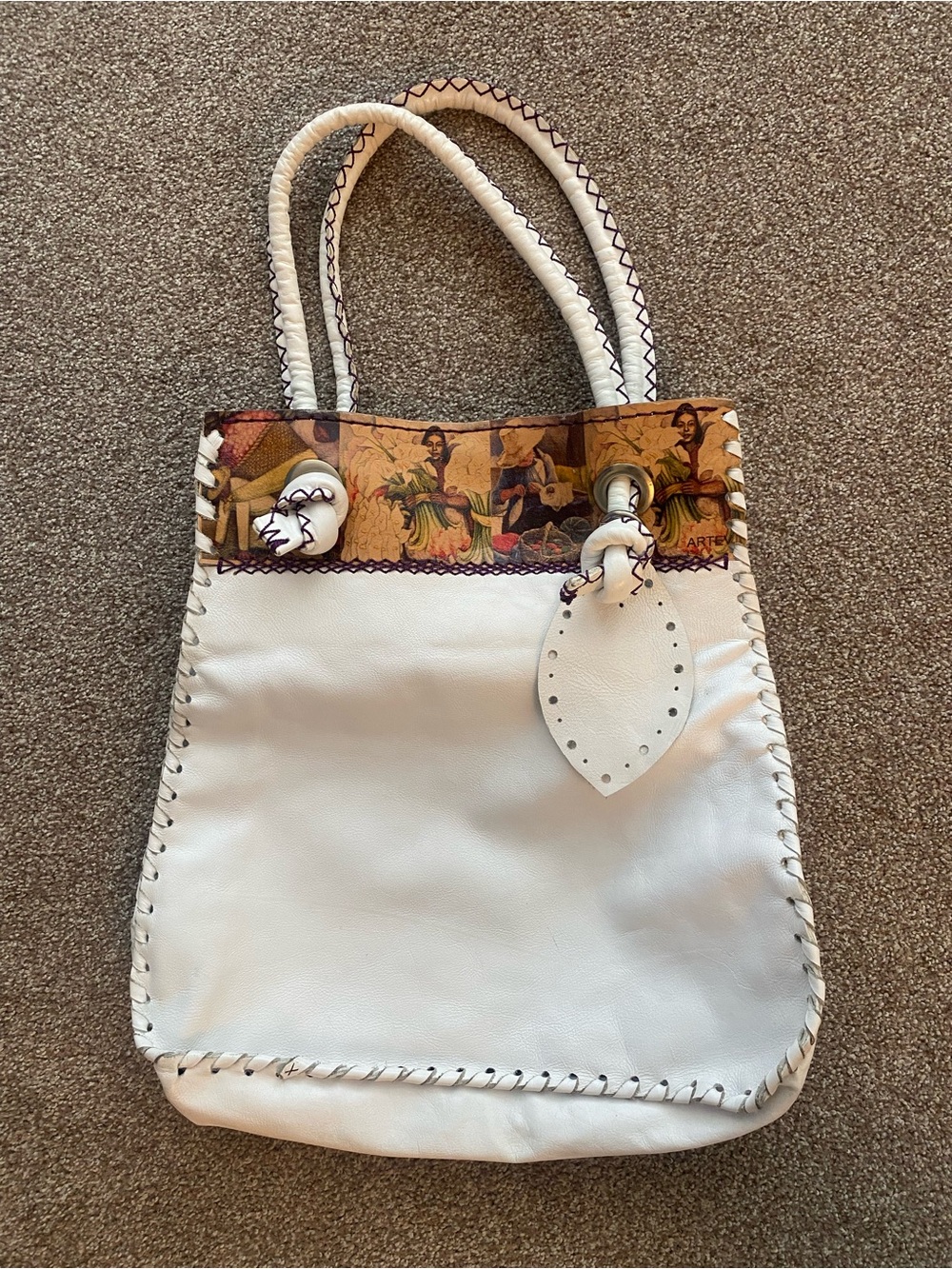 White Leather Tote with Printed Artistic Trim
